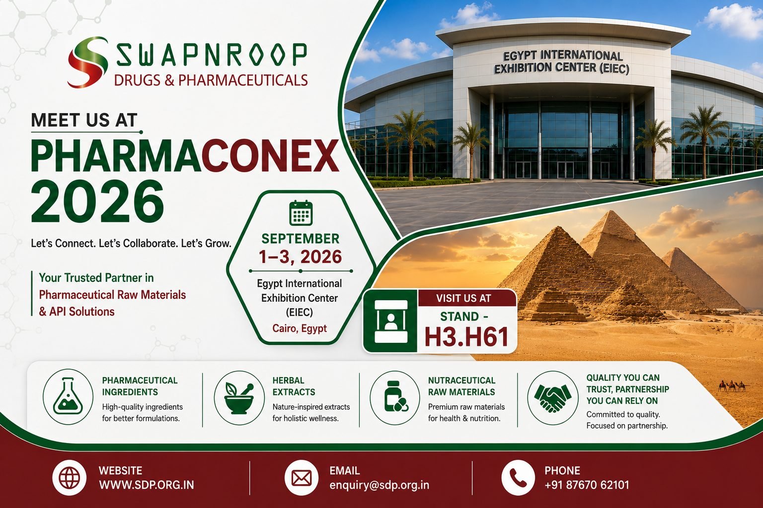 Meet Swapnroop Drugs & Pharmaceuticals at PharmaConex 2026, September 1-3, Egypt International Exhibition Center, Cairo, Stand H3.H61